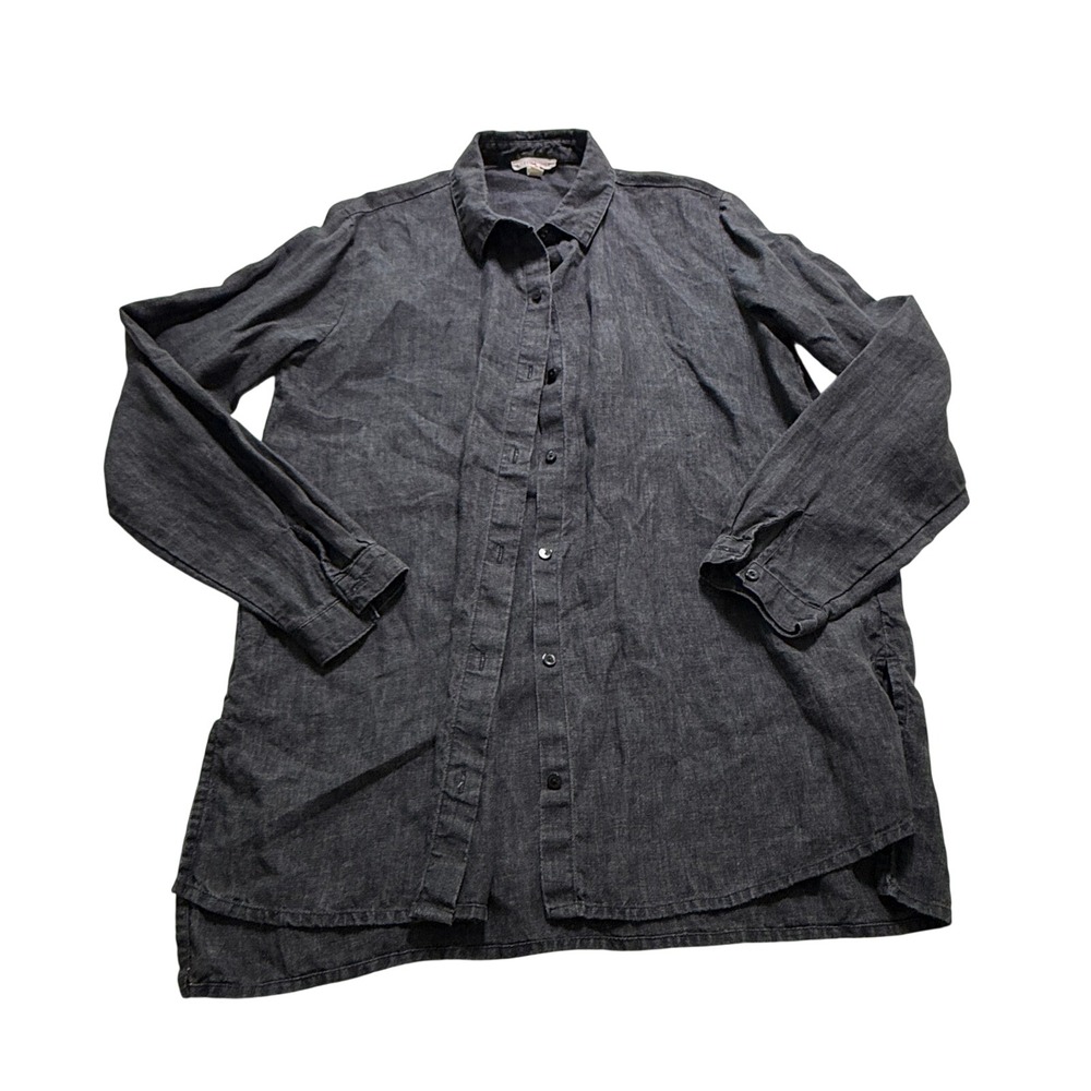 EILEEN FISHER‎ WMS XS Button Front Shirt Natural Black Organic Linen Long Sleeve